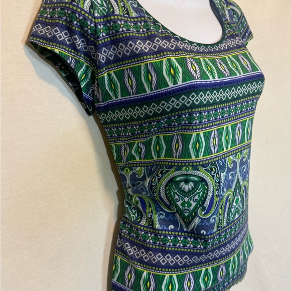 G-99 Liz Claiborne Blue Green &‎ White Short Sleeve Pullover Blouse Size MP - Picture 6 of 14